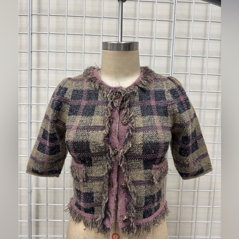 ZARA Plaid Short Sleeve Jacket with Fringe